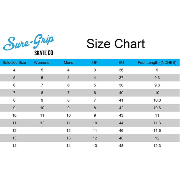 suregrip Skate Co size chart 